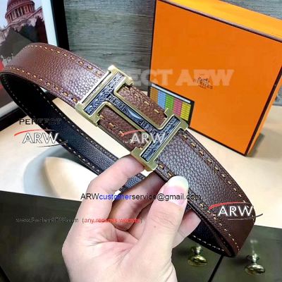 Perfect Replica All Brown Leather Belt With Black Pattern Face Gold Buckle